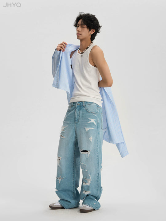 JHYQ Washed Holes Light Colored Baggy Jeans