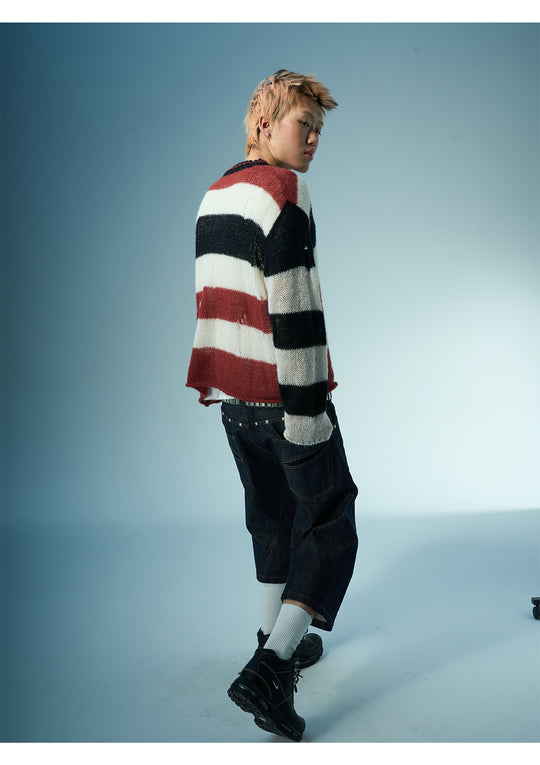 EVILKNIGHT(EK) Striped Colorblocking Distressed V-Neck Knit Sweater | Face 3 Face