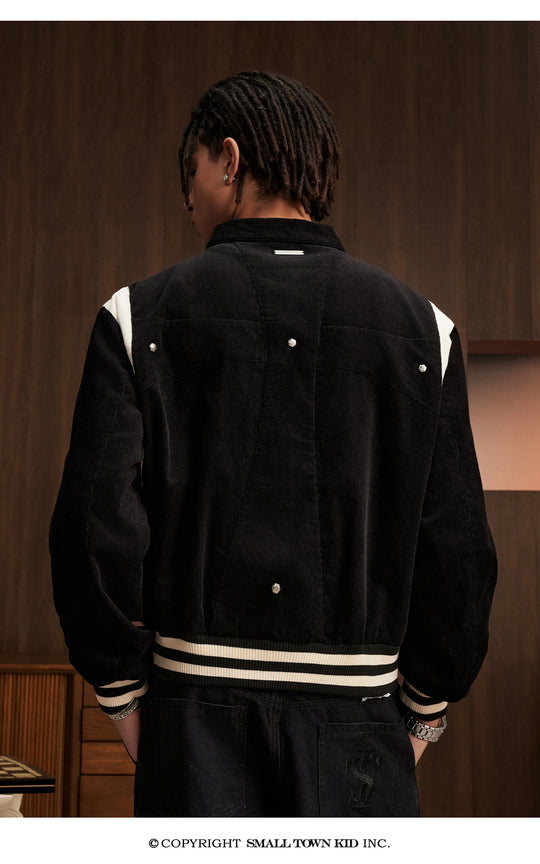 Small Town Kid Rivet Cross stitching Patch Corduroy Varsity Jacket | Face 3 Face