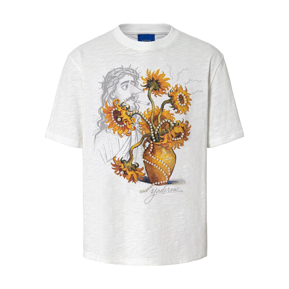 YADcrew Sunflower Jesus Print Pearl Embellished Tee | Face 3 Face
