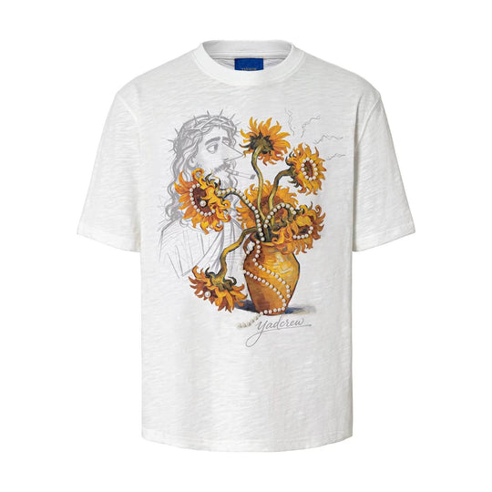 YADcrew Sunflower Jesus Print Pearl Embellished Tee | Face 3 Face