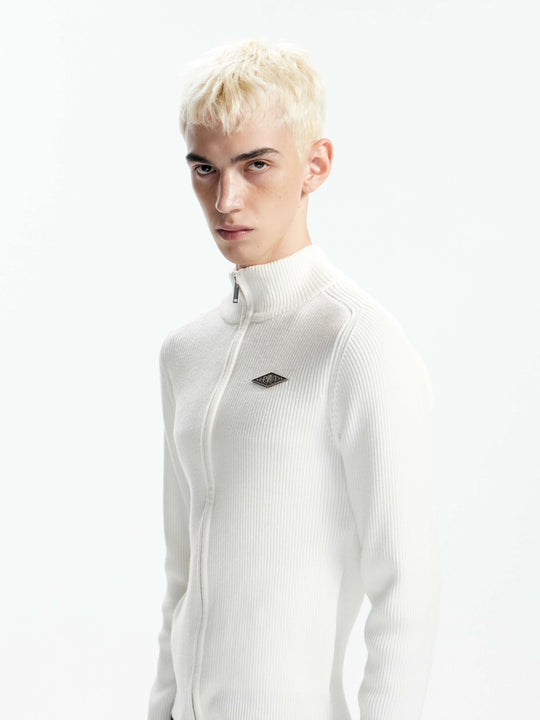 KARMANISTIC Metal Logo Badge Slim Fit Zip Up Knit Sweater | Face 3 Face