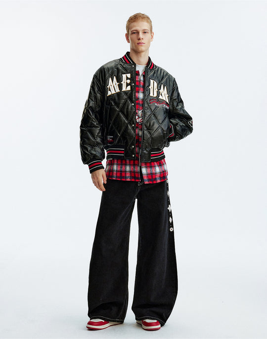 MEDM Diamond Quilted PU Leather Varsity Jacket | Face 3 Face