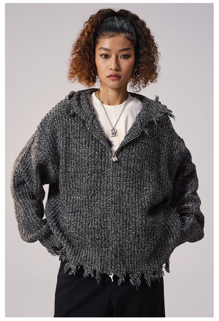 Remedy Distressed Hooded Zipper Knit Cardigan | Face 3 Face