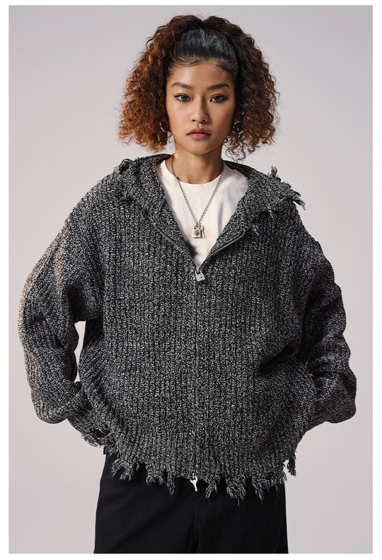 Remedy Distressed Hooded Zipper Knit Cardigan | Face 3 Face