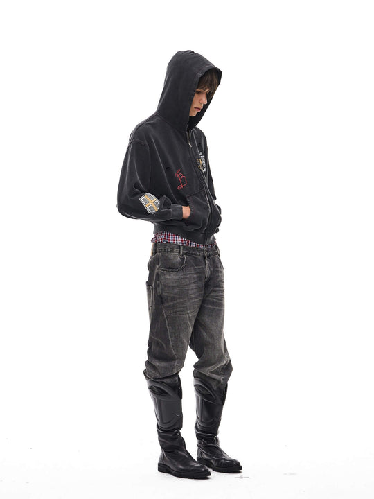 EXITMODE BY BLIND NO PLAN Washed Distressed Embroidered Patch Zip Up Hoodie | Face 3 Face