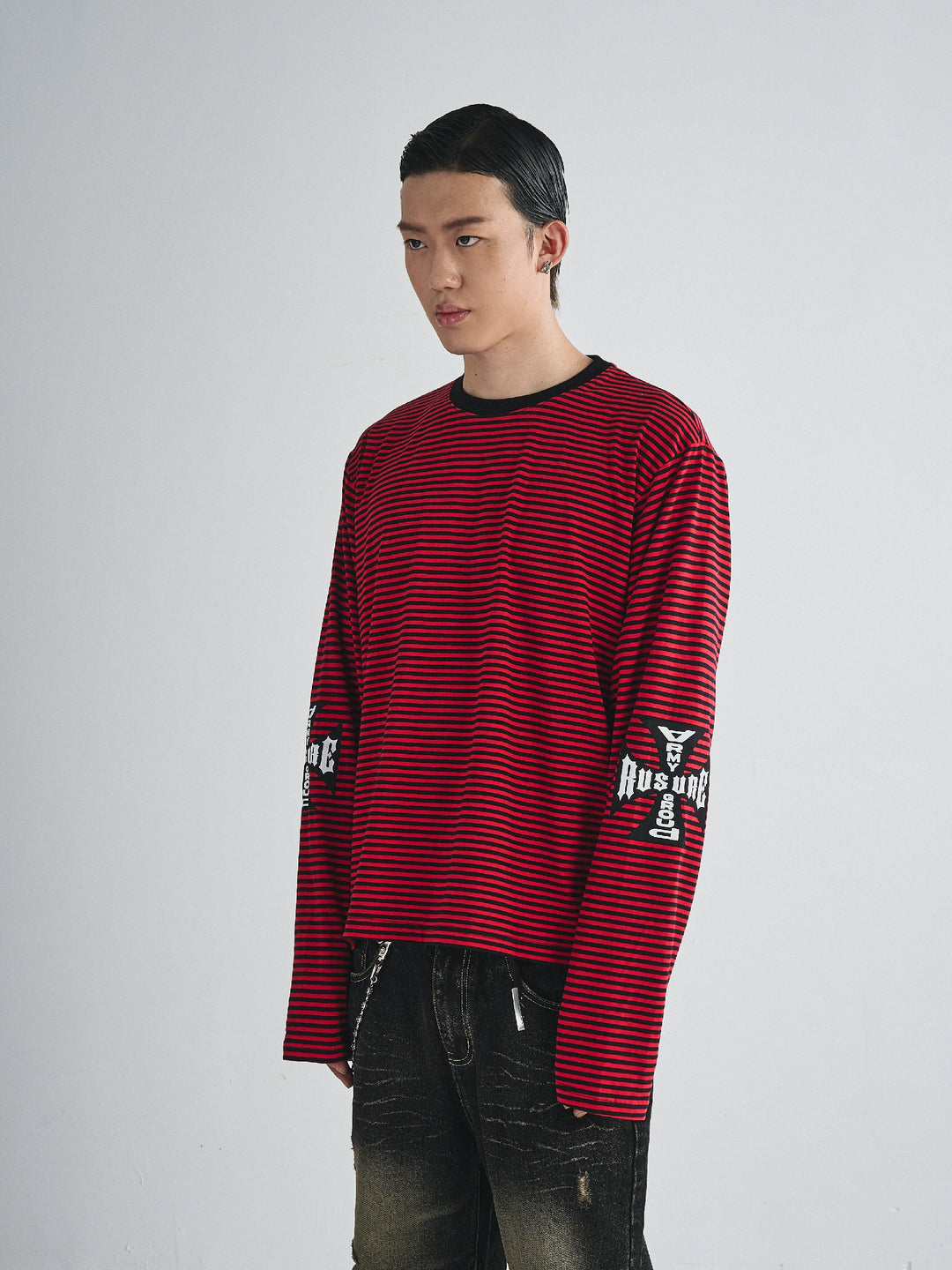 RUSURE Striped Cross Logo Print Long Sleeve Tee | Face 3 Face
