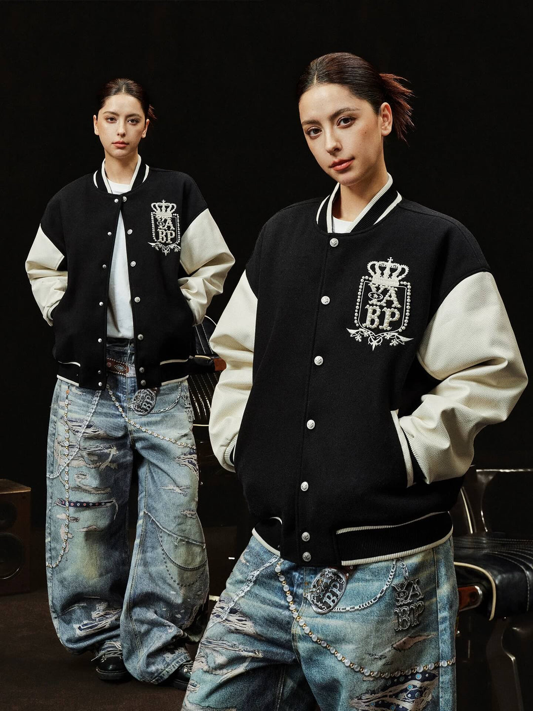 YADcrew x BIPOLAR Embroidered Pearl Beaded Varsity Jacket | Face 3 Face