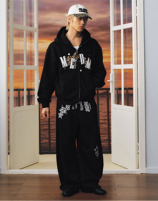 MEDM Leopard Print Star Patch Logo Embroidered Zip Up Hoodie | Face 3 Face