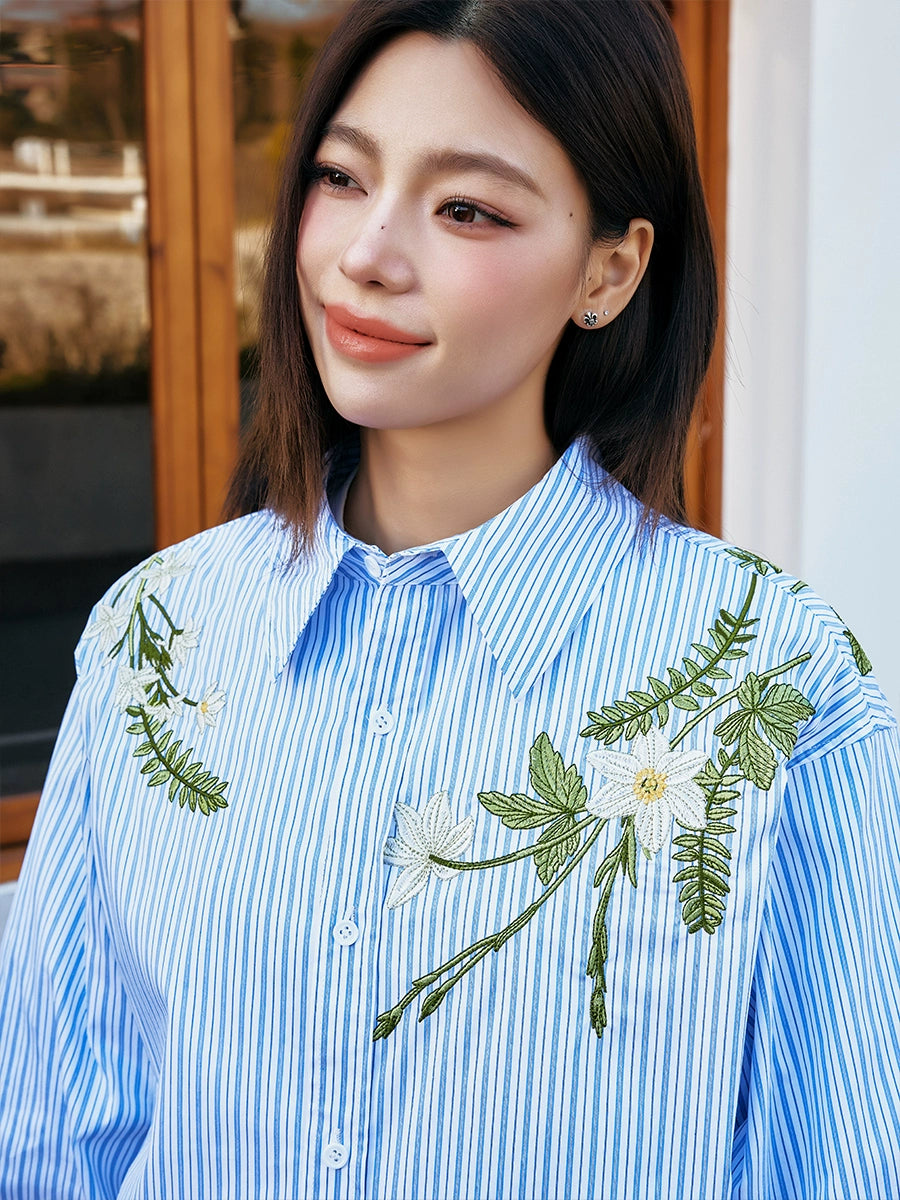 Harsh and Cruel Striped Floral Embroidered Long Sleeve Shirt | Face 3 Face