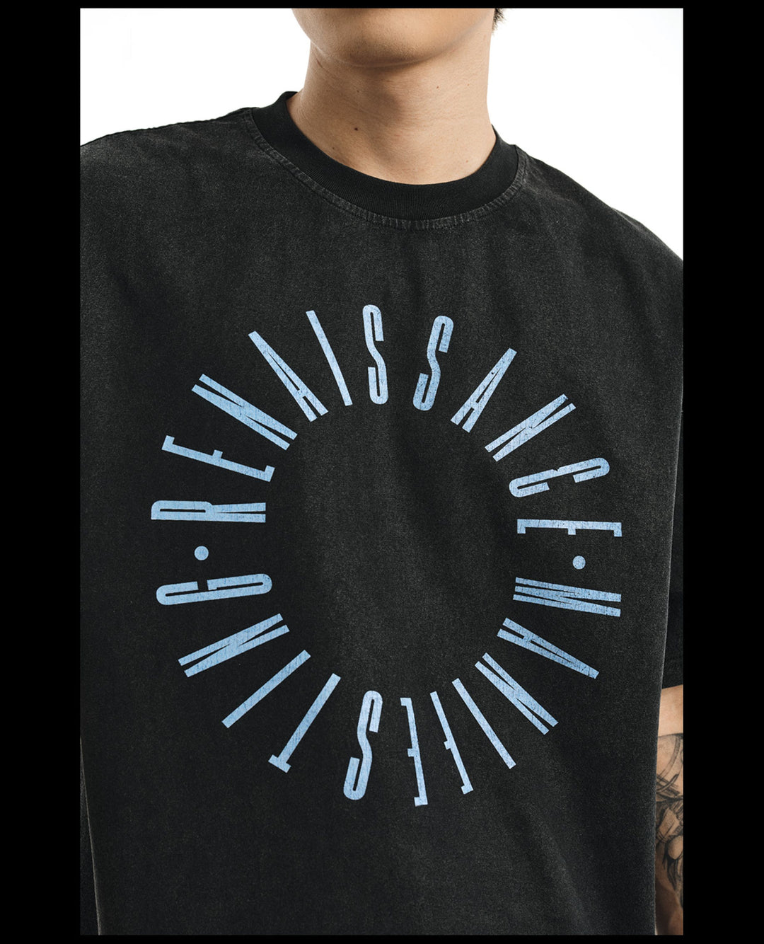 NOVACAM Circle Letter Vintage Washed Black Stitch Tee | Face 3 Face