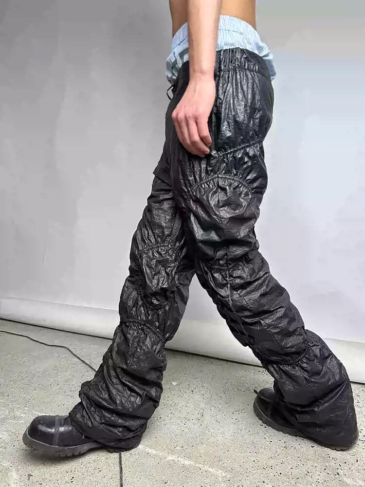 Night Lab Pleated Loose Fit Black Nylon Pants | Face 3 Face