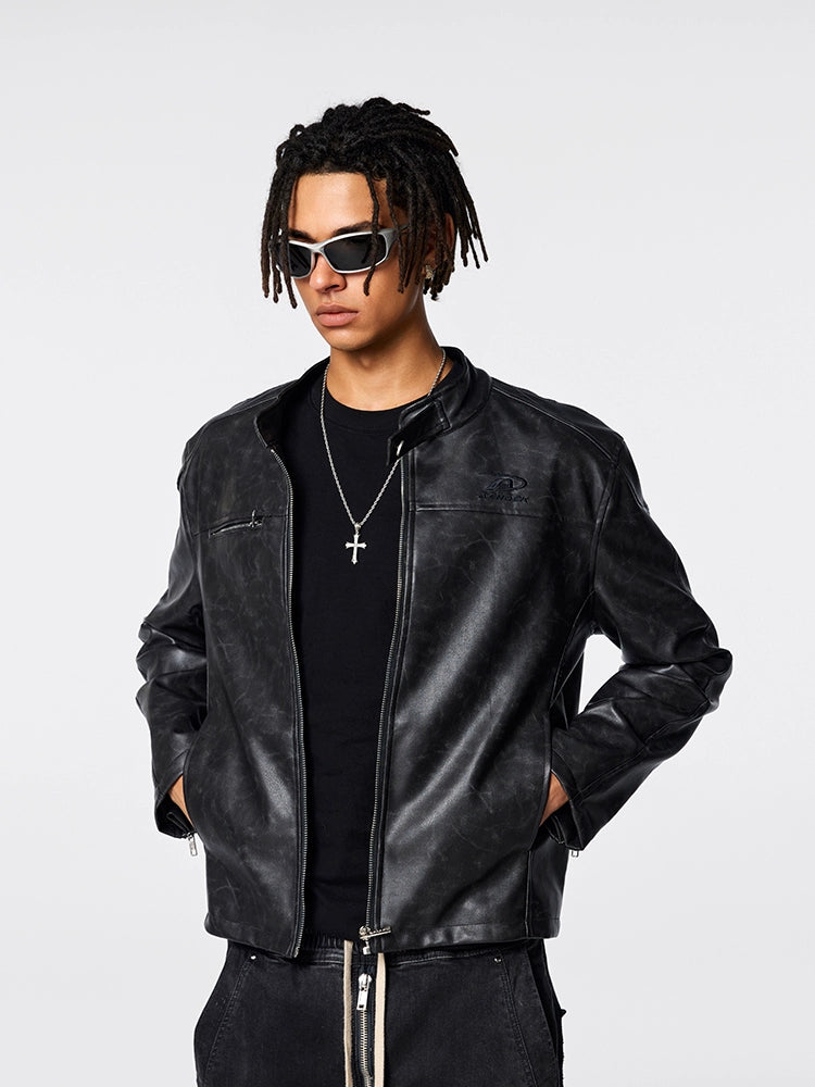 Achock Logo Embroidered Leather Short Motorcycle Jacket | Face 3 Face