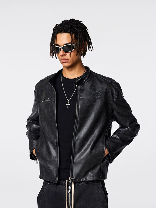 Achock Logo Embroidered Leather Short Motorcycle Jacket | Face 3 Face