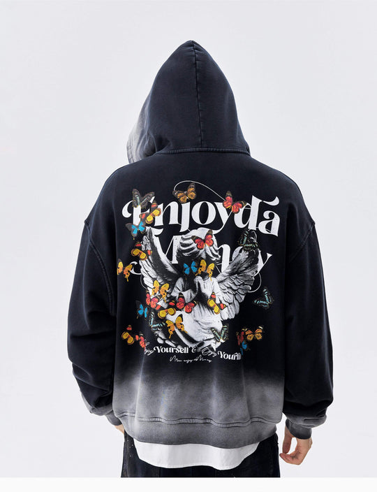 MEDM Washed Angel Butterfly Print Zip Up Hoodie | Face 3 Face