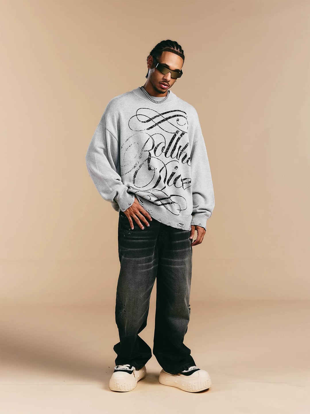 1807 ROLLTHEDICE Vintage Printed Distressed Knit Sweater | Face 3 Face