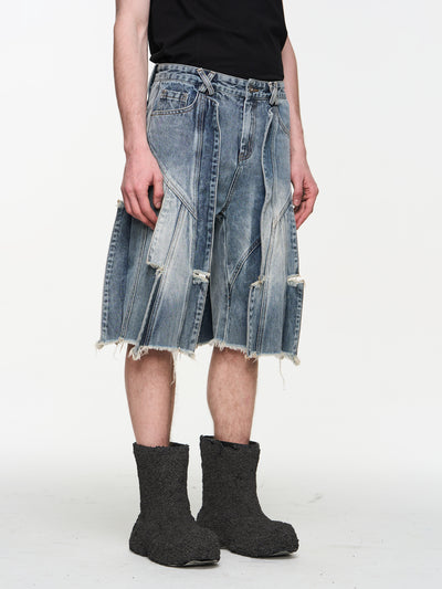 BLIND NO PLAN Destroyed Fly Through Washed Light Denim Shorts | Face 3 Face