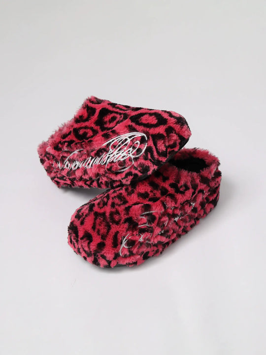 KARMANISTIC Rose White Leopard Fur Embroidered Slipper Clogs | Face 3 Face