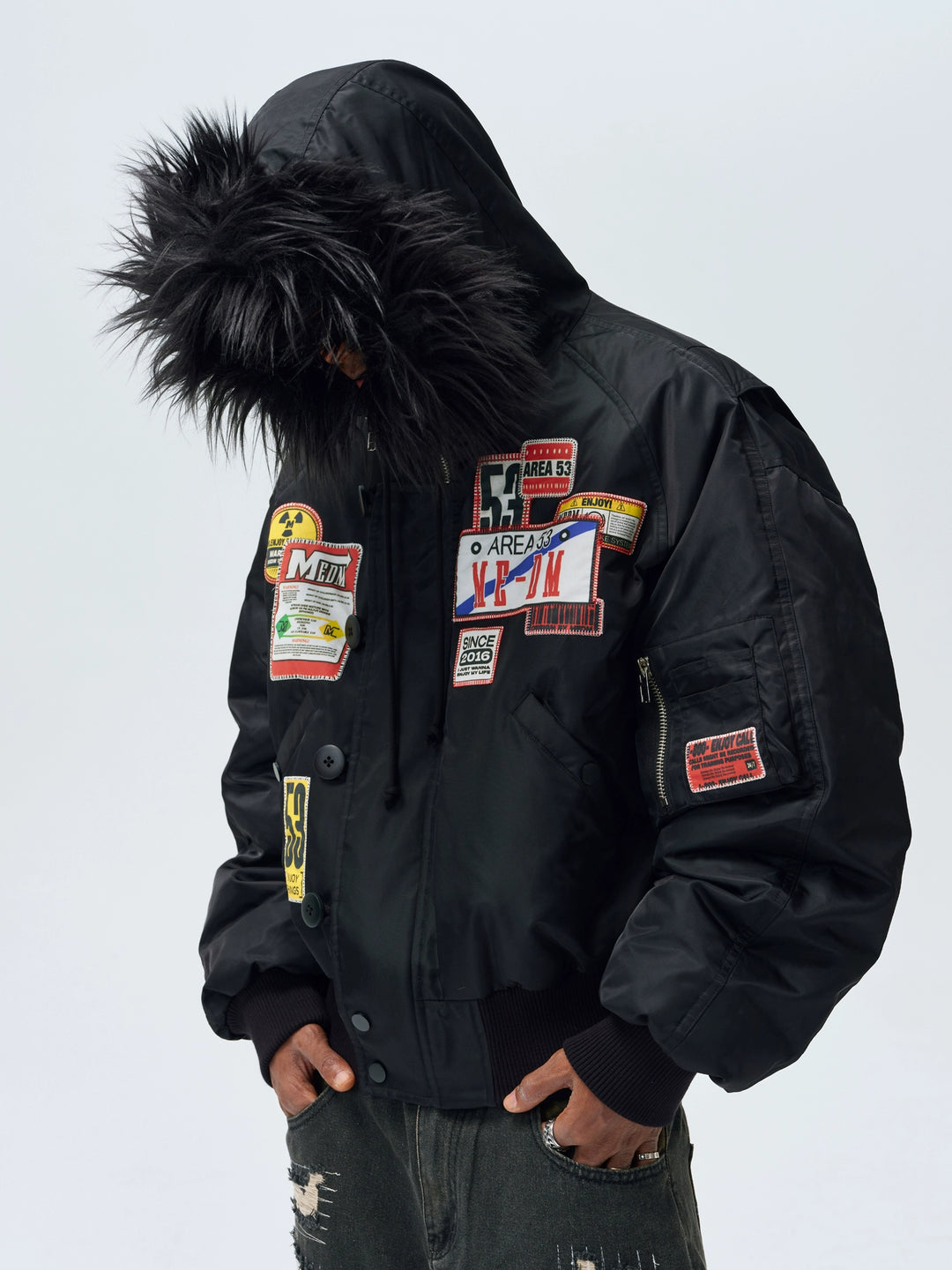 MEDM License Plate Patch Fur-Hooded MA-1 Bomber Jacket | Face 3 Face