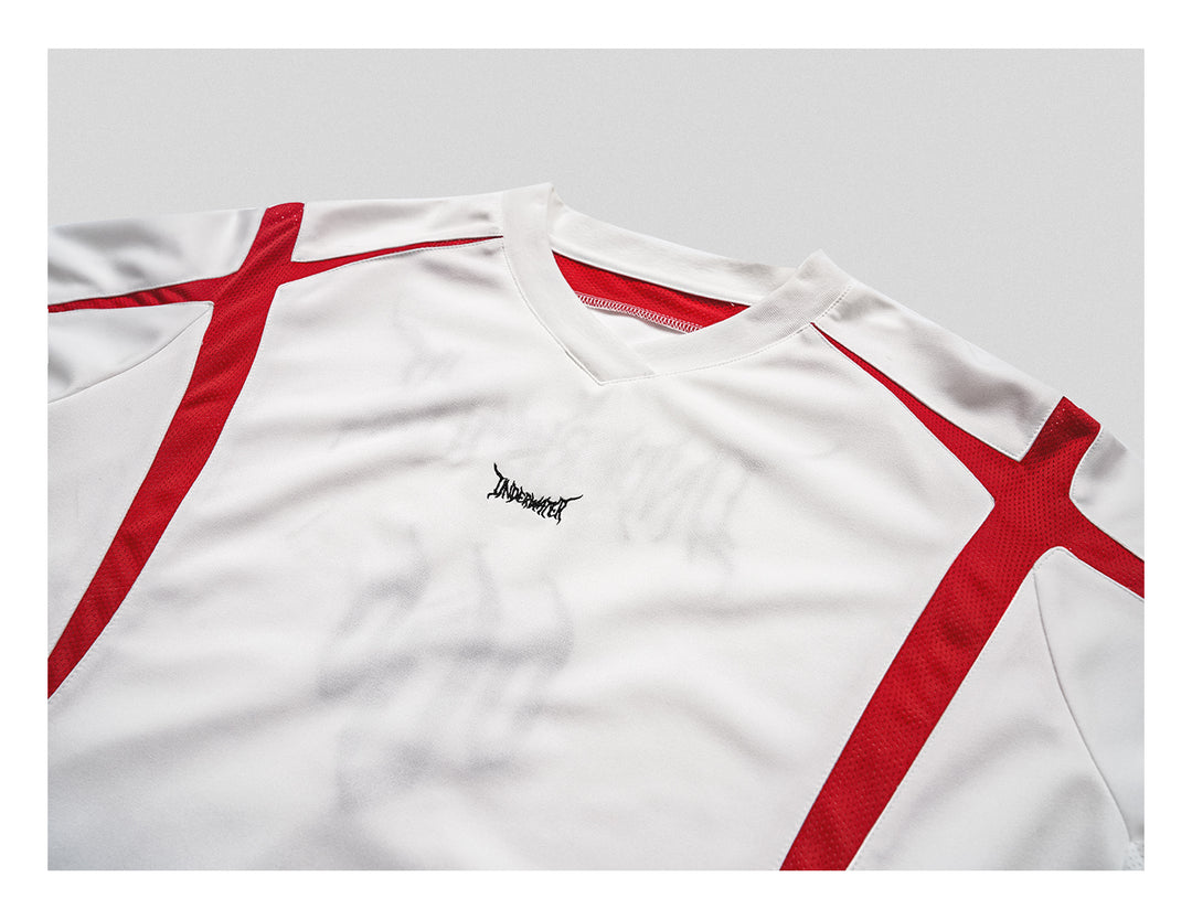 UNDERWATER White and Red Deconstructed Patchwork Embroidered Jersey Tee | Face 3 Face