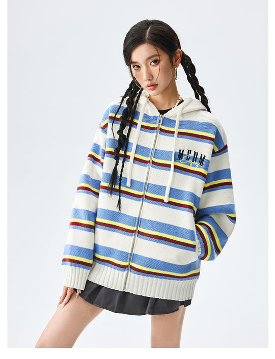 MEDM Colorful Stripes Zip-Up Knit Hoodie | Face 3 Face