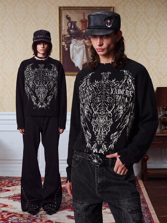 YADcrew Winged Skeleton Print Distressed Knit Sweater | Face 3 Face