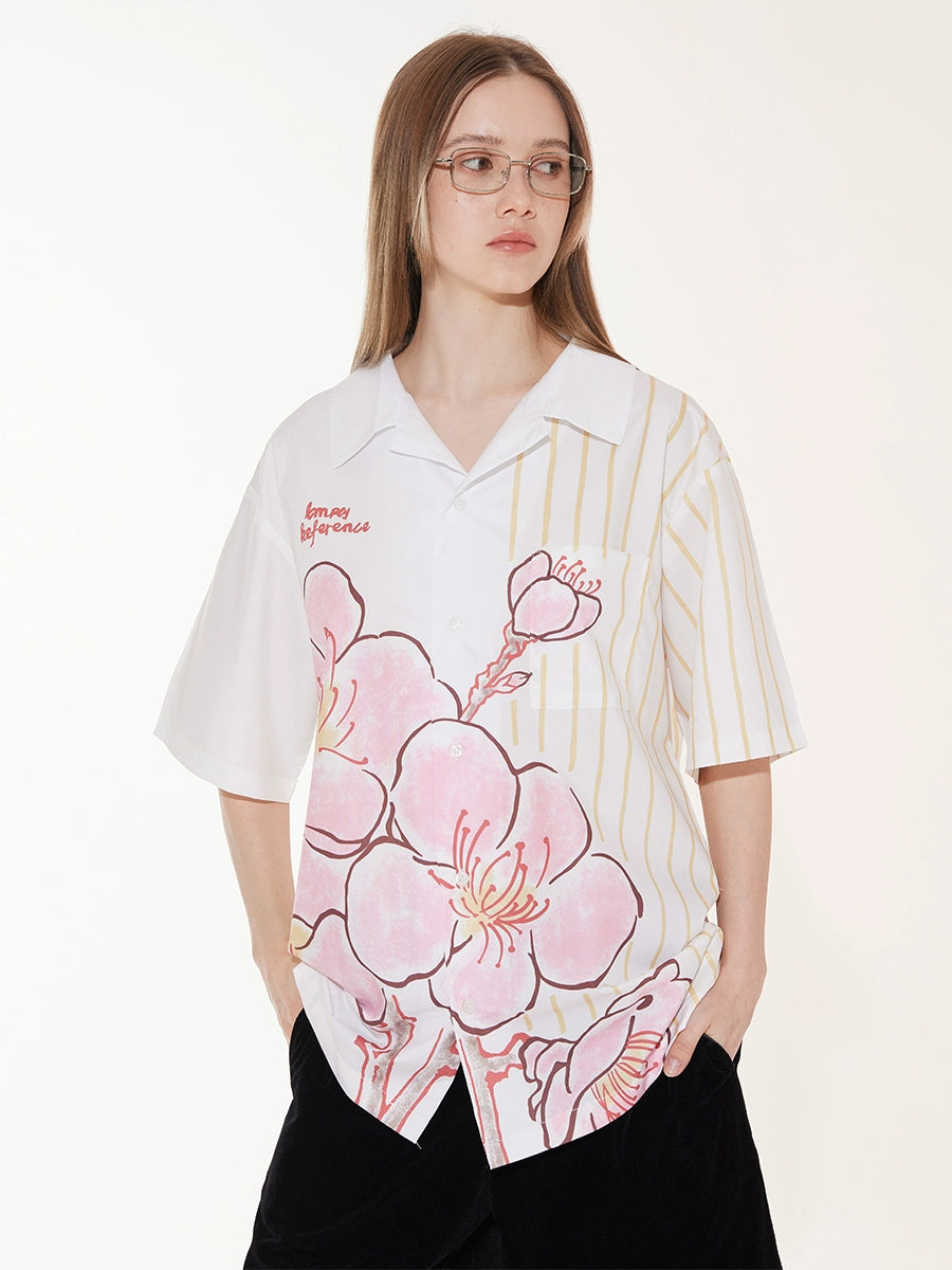 EMPTY REFERENCE Striped Floral Print Short Sleeve Shirt | Face 3 Face