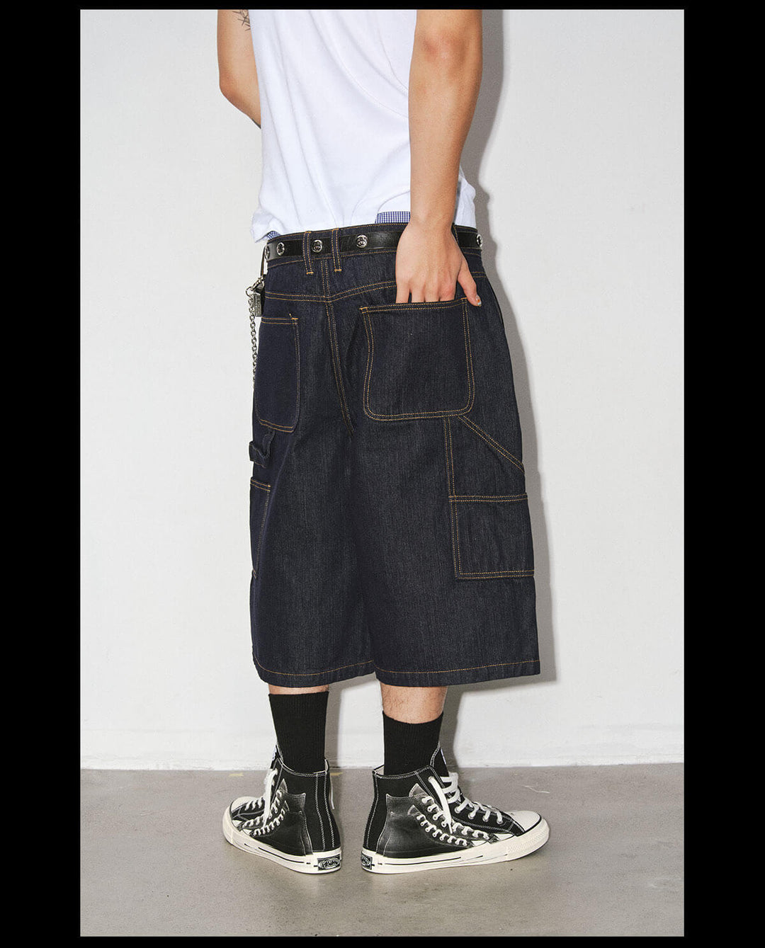 NOVACAM White Accent Line Double Knee Baggy Denim Shorts | Face 3 Face
