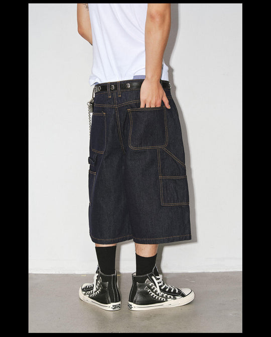 NOVACAM White Accent Line Double Knee Baggy Denim Shorts | Face 3 Face