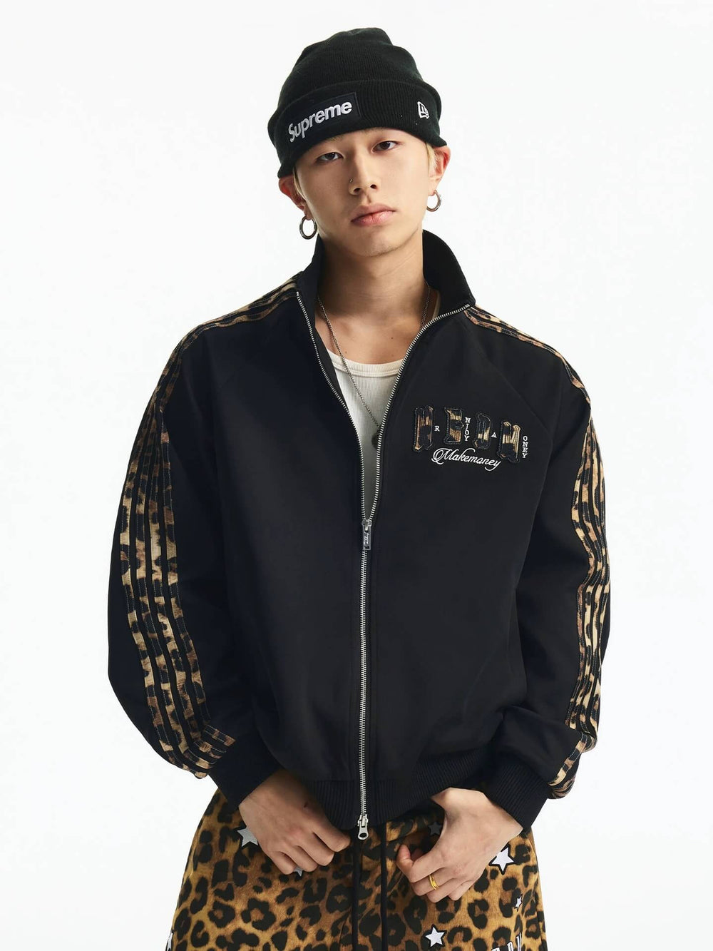 MEDM Leopard Print Stripe Sleeve Track Jacket | Face 3 Face
