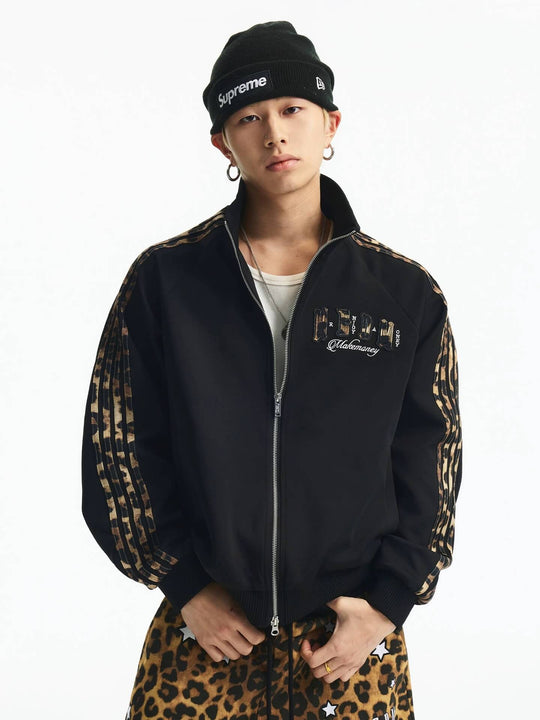 MEDM Leopard Print Stripe Sleeve Track Jacket | Face 3 Face