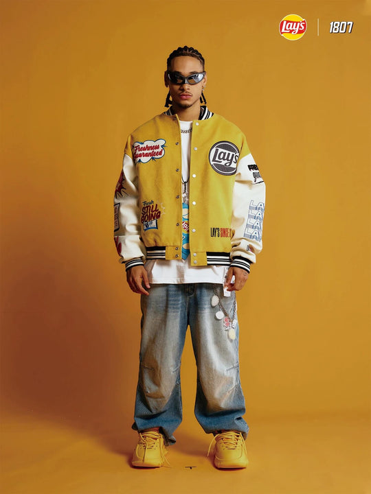 1807 × Lay’s Embroidered PU Leather Varsity Jacket | Face 3 Face