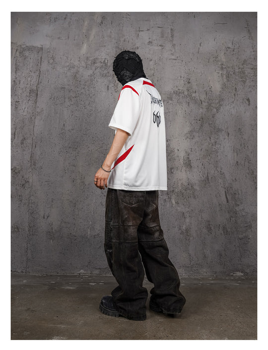 UNDERWATER White and Red Deconstructed Patchwork Embroidered Jersey Tee | Face 3 Face