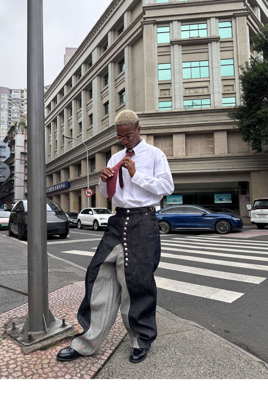 STEEPC Button Fly Reverse Patchwork Baggy Jeans | Face 3 Face