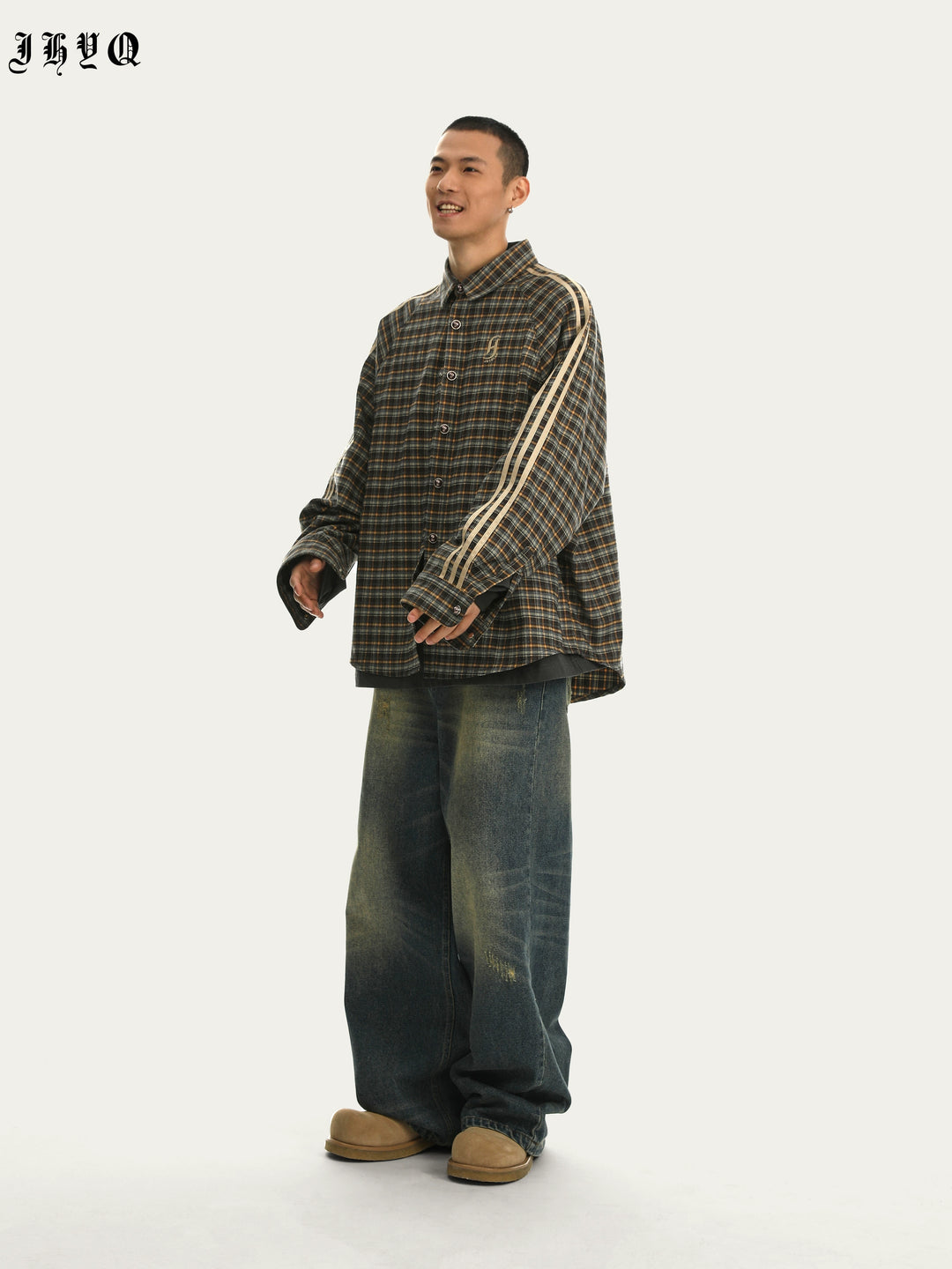 JHYQ Plaid Lapel Embroidery Long Sleeved Shirt