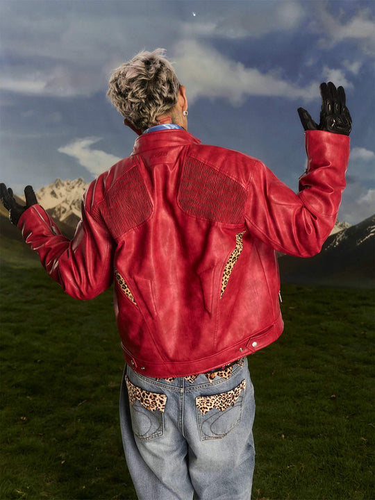 S45 Leopard Print Patchwork PU Leather Biker Jacket | Face 3 Face