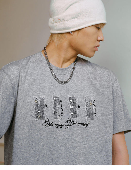 MEDM Distressed Denim Logo Patch Studded Short Sleeve Tee | Face 3 Face