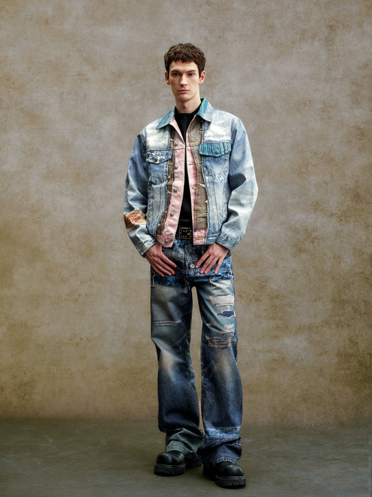 YADcrew Double Waistband Distressed Print Jeans | Face 3 Face