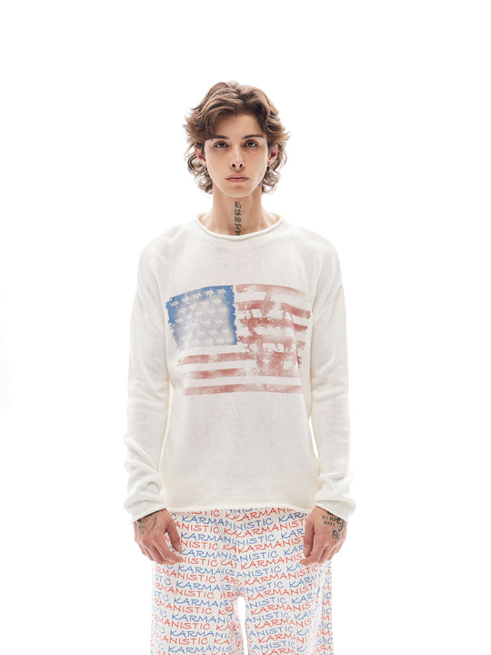 KARMANISTIC Flag Print Washed Long Sleeve Knit Sweater | Face 3 Face