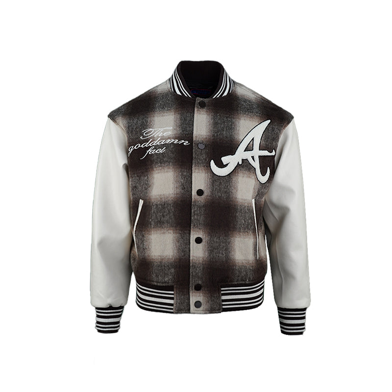 TGFCLUB Embroidered Plaid PU Leather Varsity Jacket | Face 3 Face