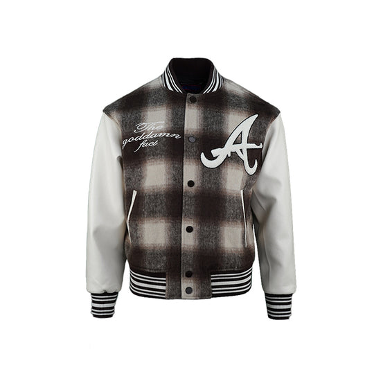 TGFCLUB Embroidered Plaid PU Leather Varsity Jacket | Face 3 Face