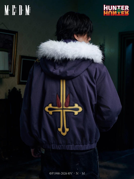 MEDM × HUNTER×HUNTER Kuroro Inverted Cross Patch Faux Fur Hood Quilted Jacket