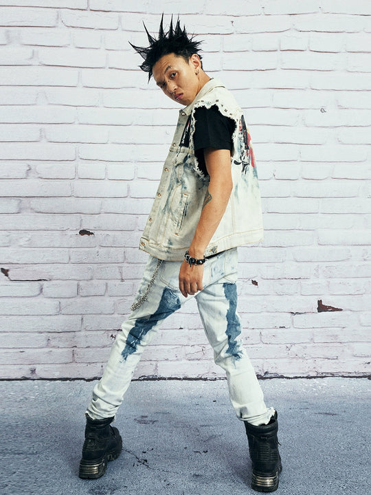 VENTUREK Bleach Wash Rivet Zipper Slim Jeans | Face 3 Face