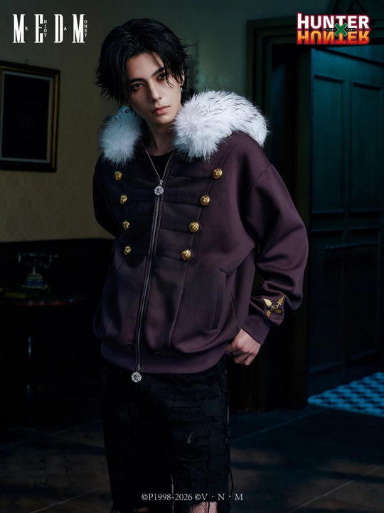 MEDM × HUNTER×HUNTER Kuroro Inverted Cross Patch Faux Fur Hood Zip Up Hoodie
