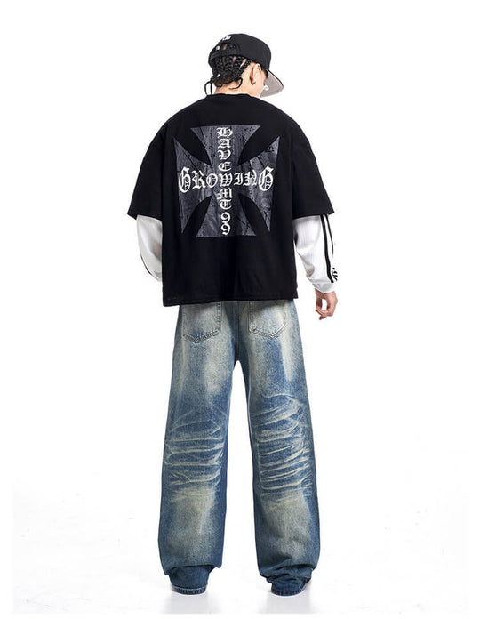 F3F Select Heavy Distressed Washed Patchwork Baggy Jeans | Face 3 Face