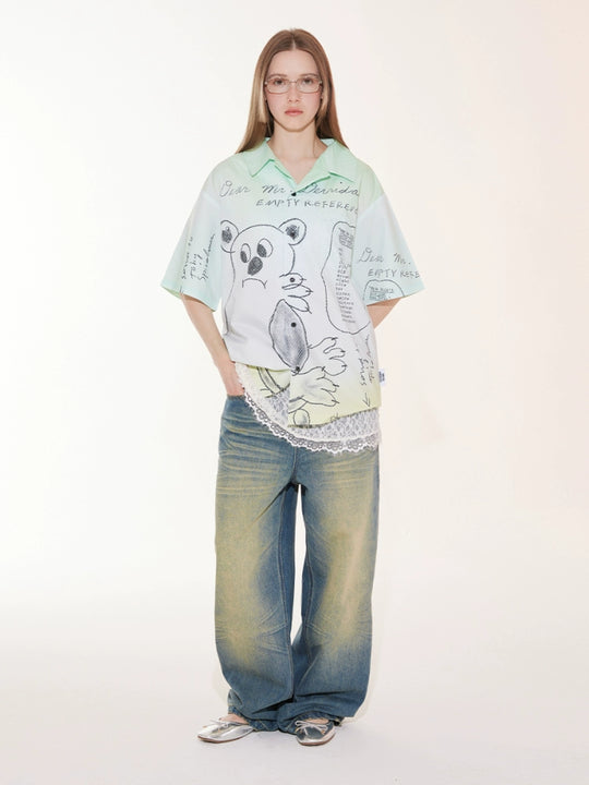 EMPTY REFERENCE Hand Painted Bear Print Gradient Short Sleeve Shirt | Face 3 Face