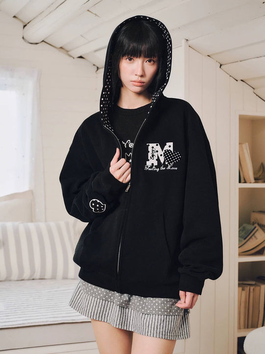 MEDM Polka Dot Hood Lining Heart Logo Zip Up Hoodie | Face 3 Face