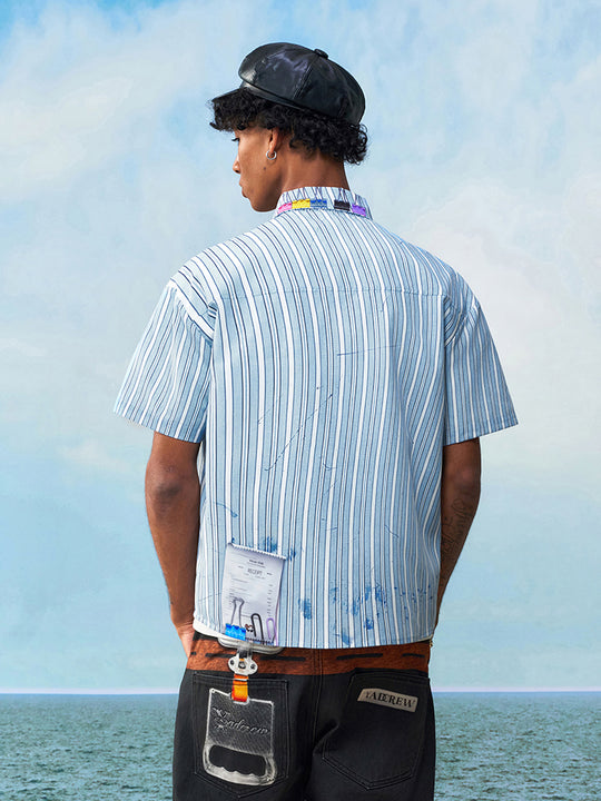 YADcrew Wavy Stripe Tie-Print Short Sleeve Shirt | Face 3 Face