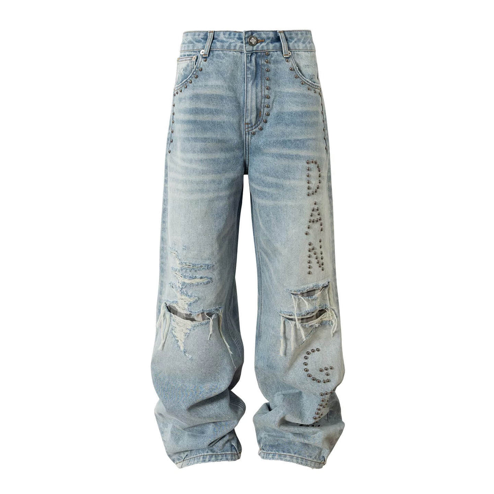 YADcrew Slogan Studded Washed Distressed Jeans | Face 3 Face