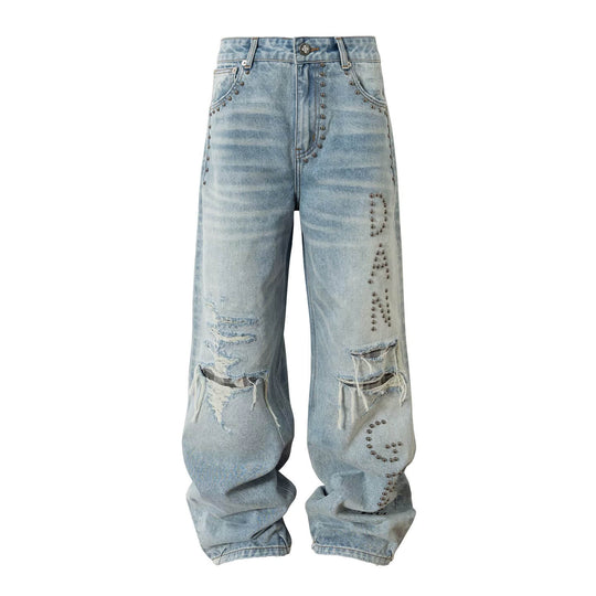 YADcrew Slogan Studded Washed Distressed Jeans | Face 3 Face